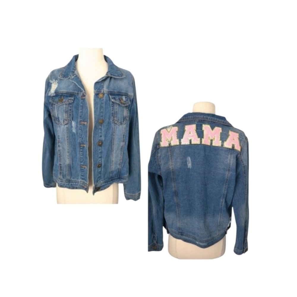 Judith March Mama Blue & Pink Distressed Denim Jean Jacket- Medium